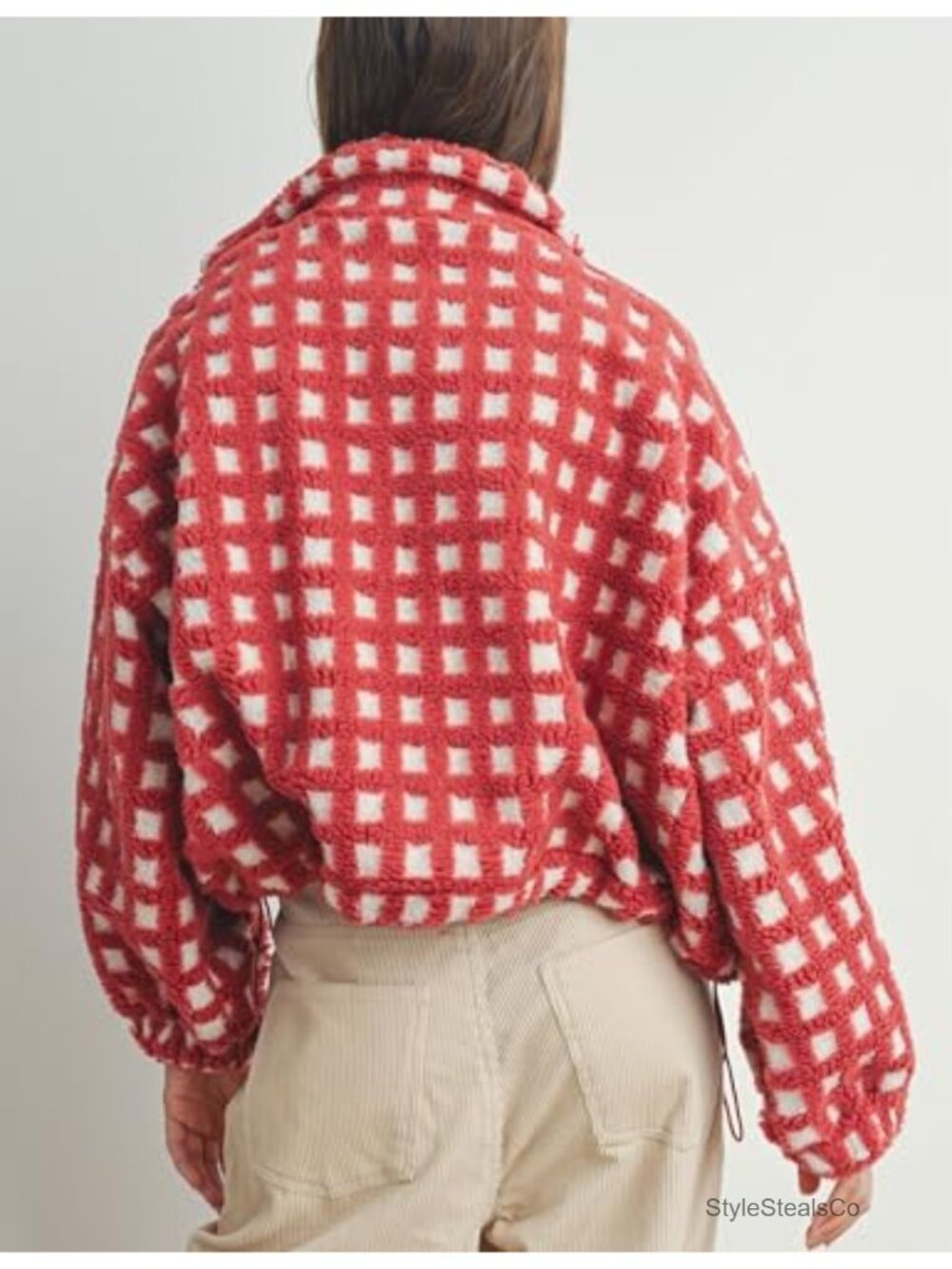 Cropped Sherpa Fleece Plaid Jacket, Zip Up Teddy Coat for Women, Fall Winter - Picture 2 of 6